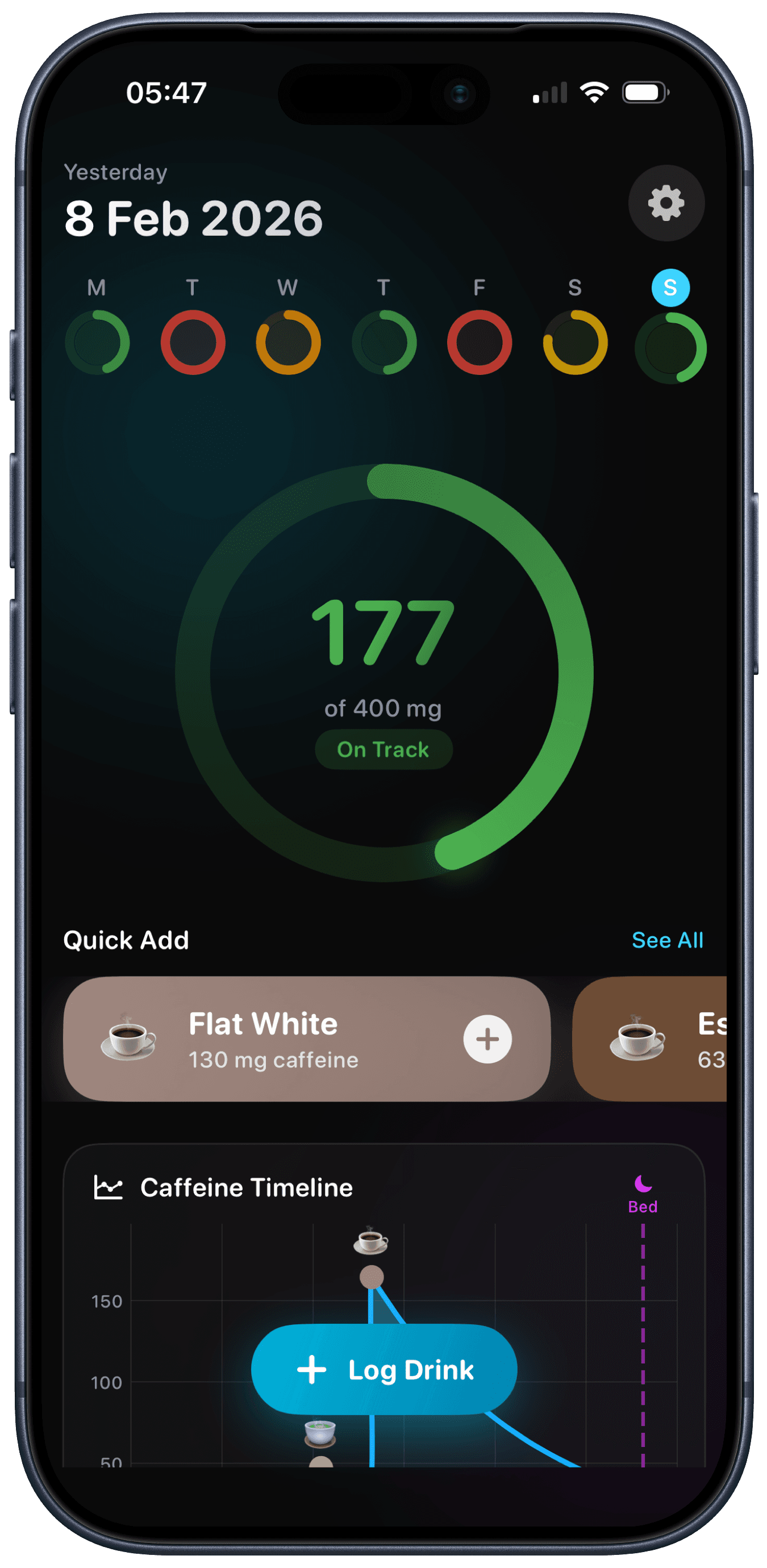 Hotshot home screen showing the daily caffeine ring and quick-add drinks
