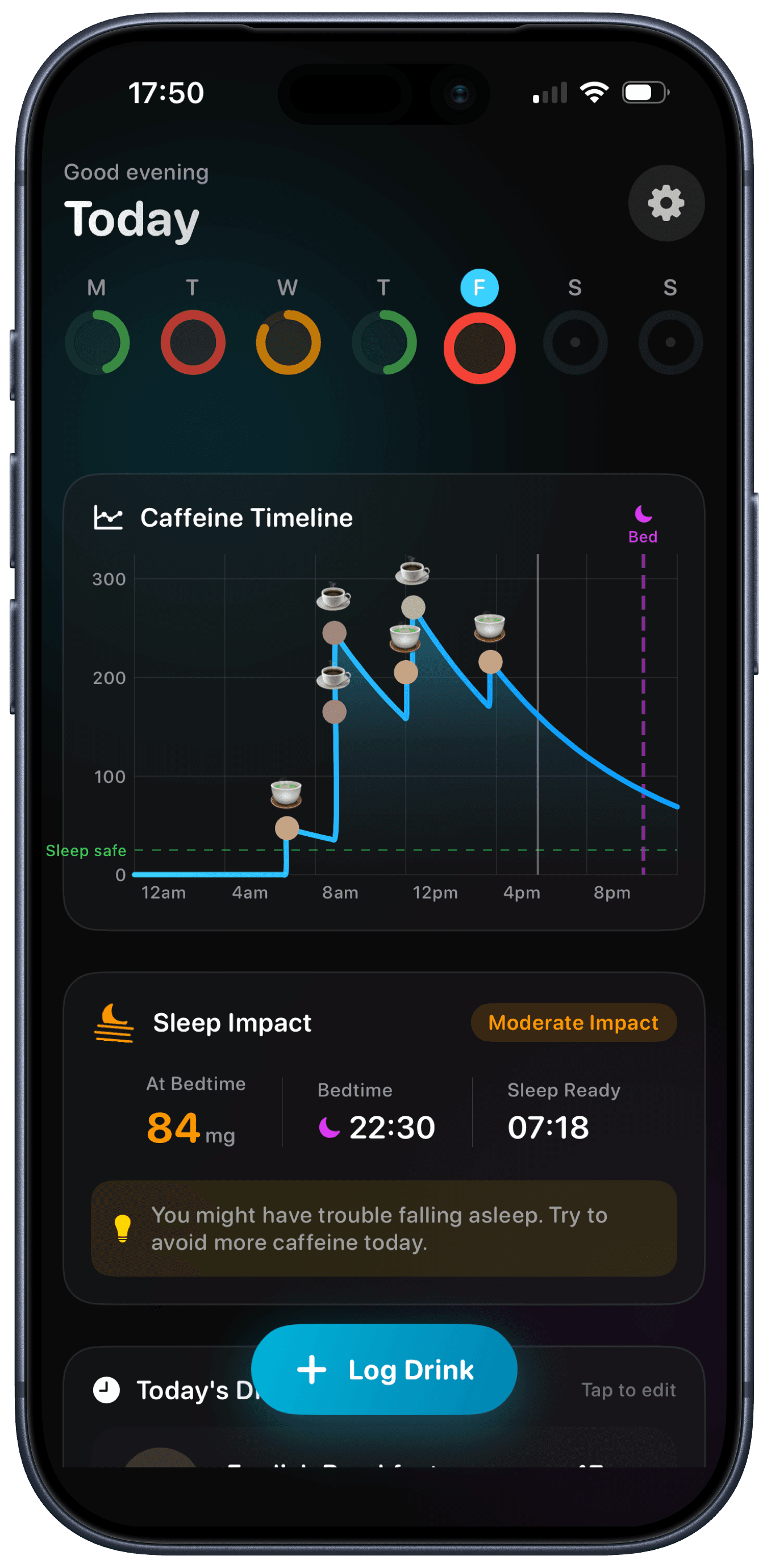 Hotshot sleep impact view with a caffeine timeline graph and bedtime estimate