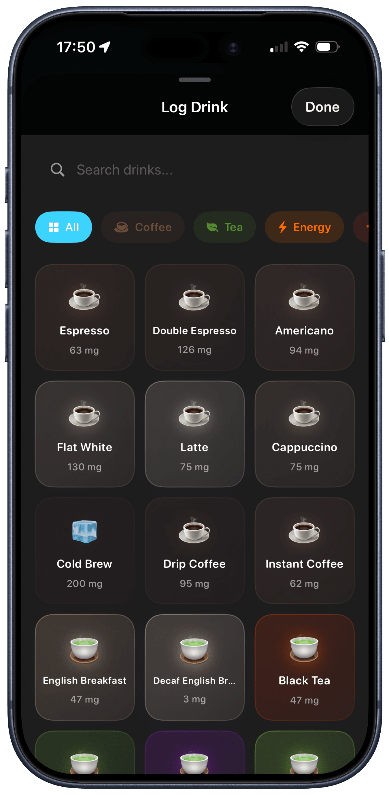 Hotshot drink library showing a grid of coffees, teas and energy drinks with caffeine amounts