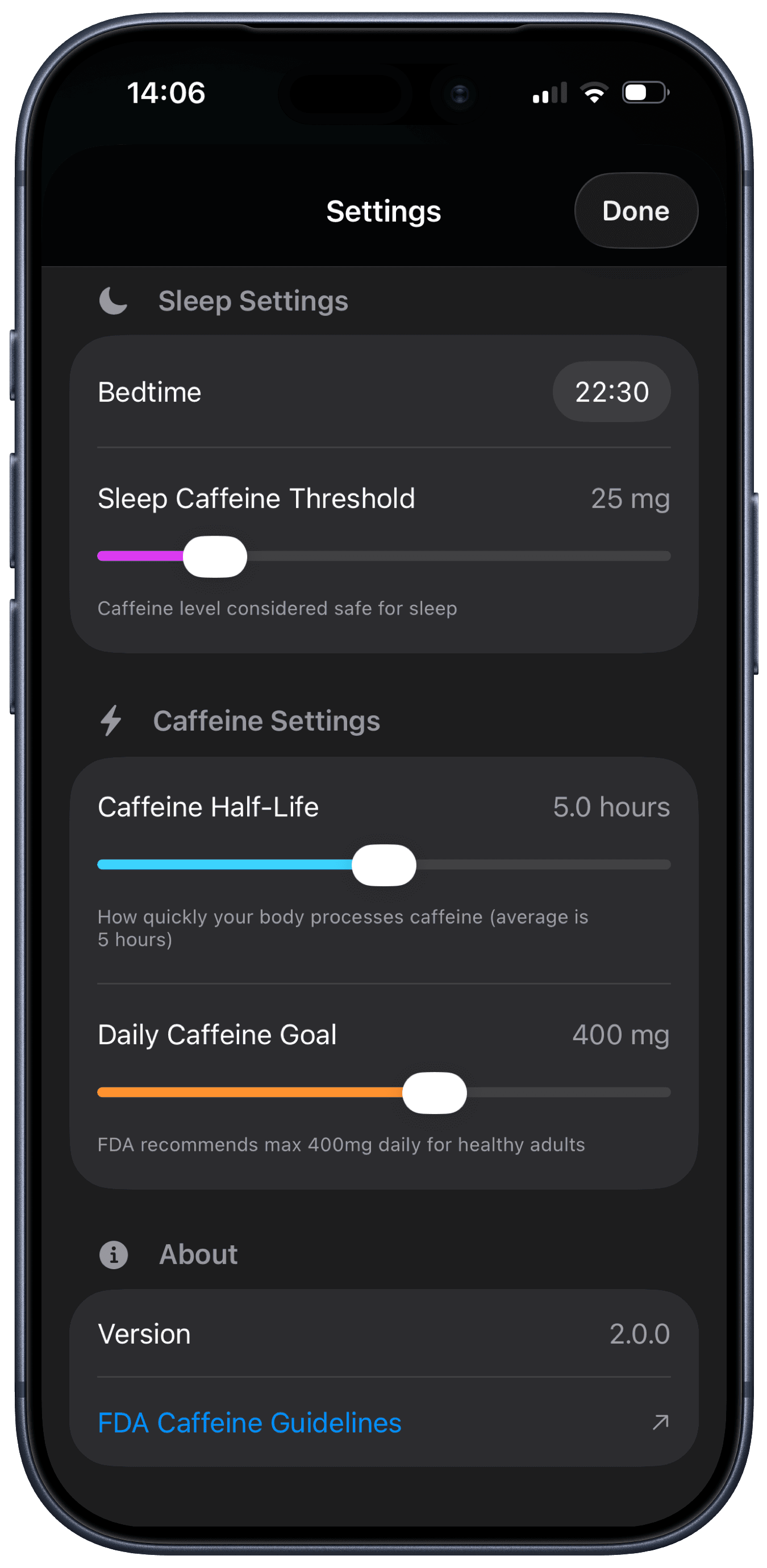 Hotshot settings screen with sliders for half-life, daily goal and bedtime