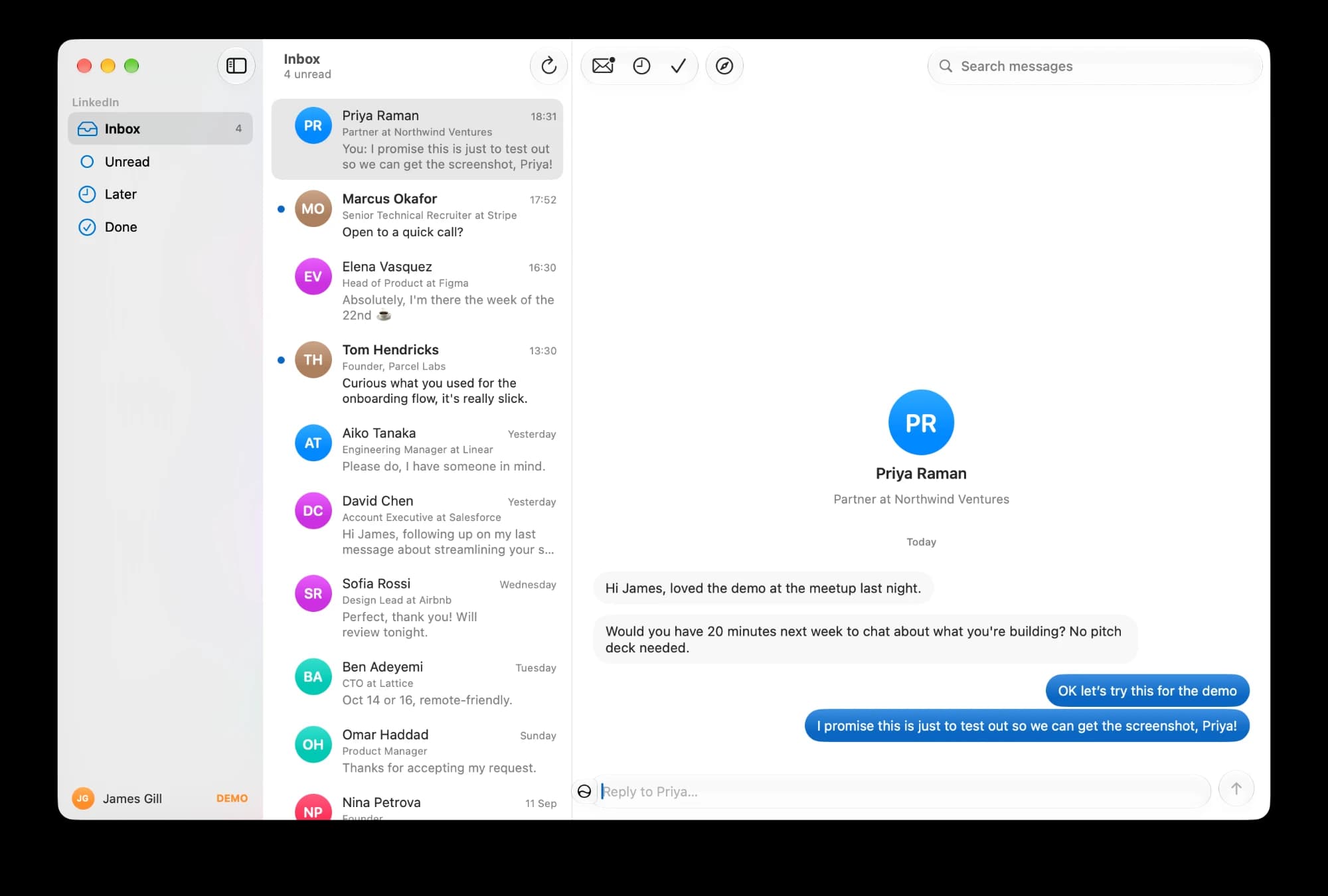 Linbox on the Mac: a sidebar with Inbox, Unread, Later and Done, a list of LinkedIn conversations, and an open thread with a reply field.